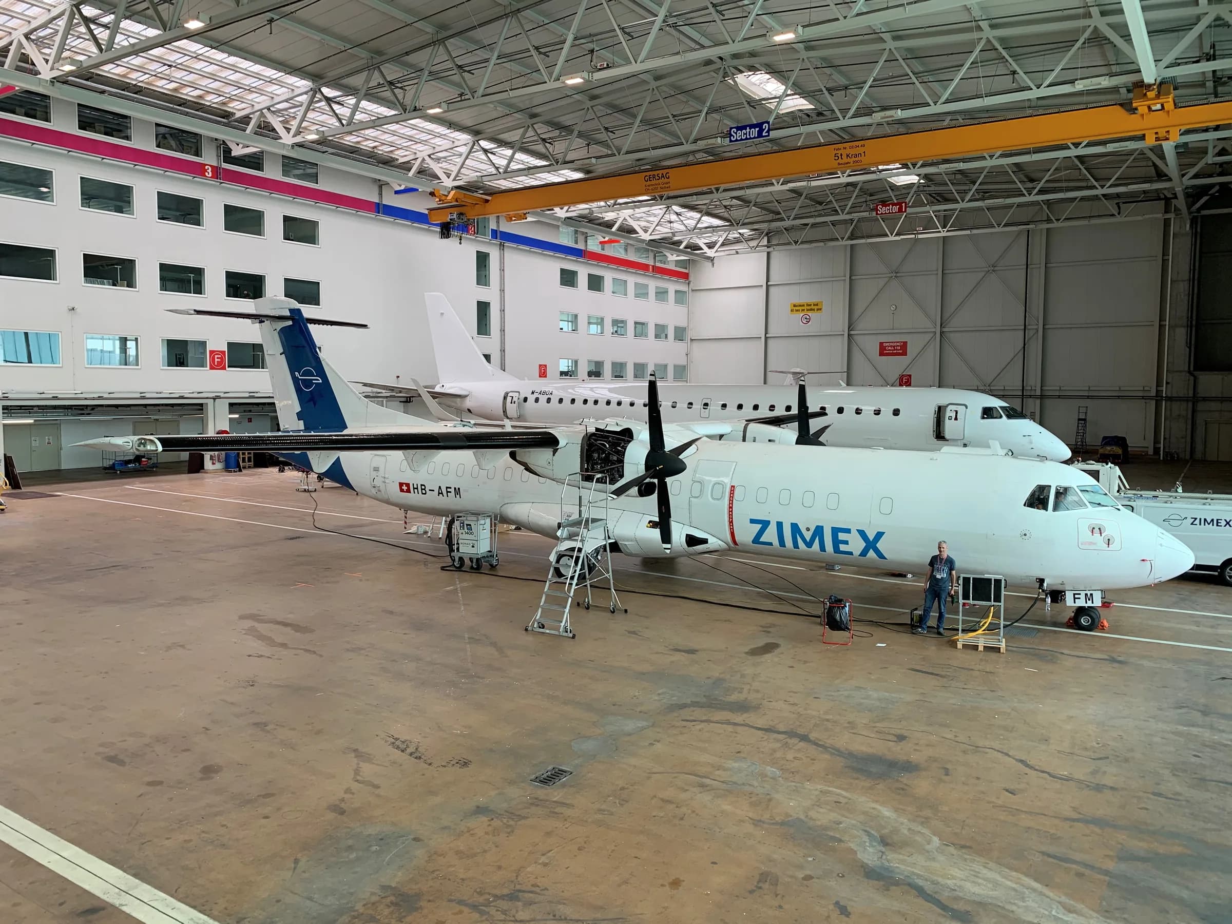 A Zimex ATR 72 freighter in the hangar