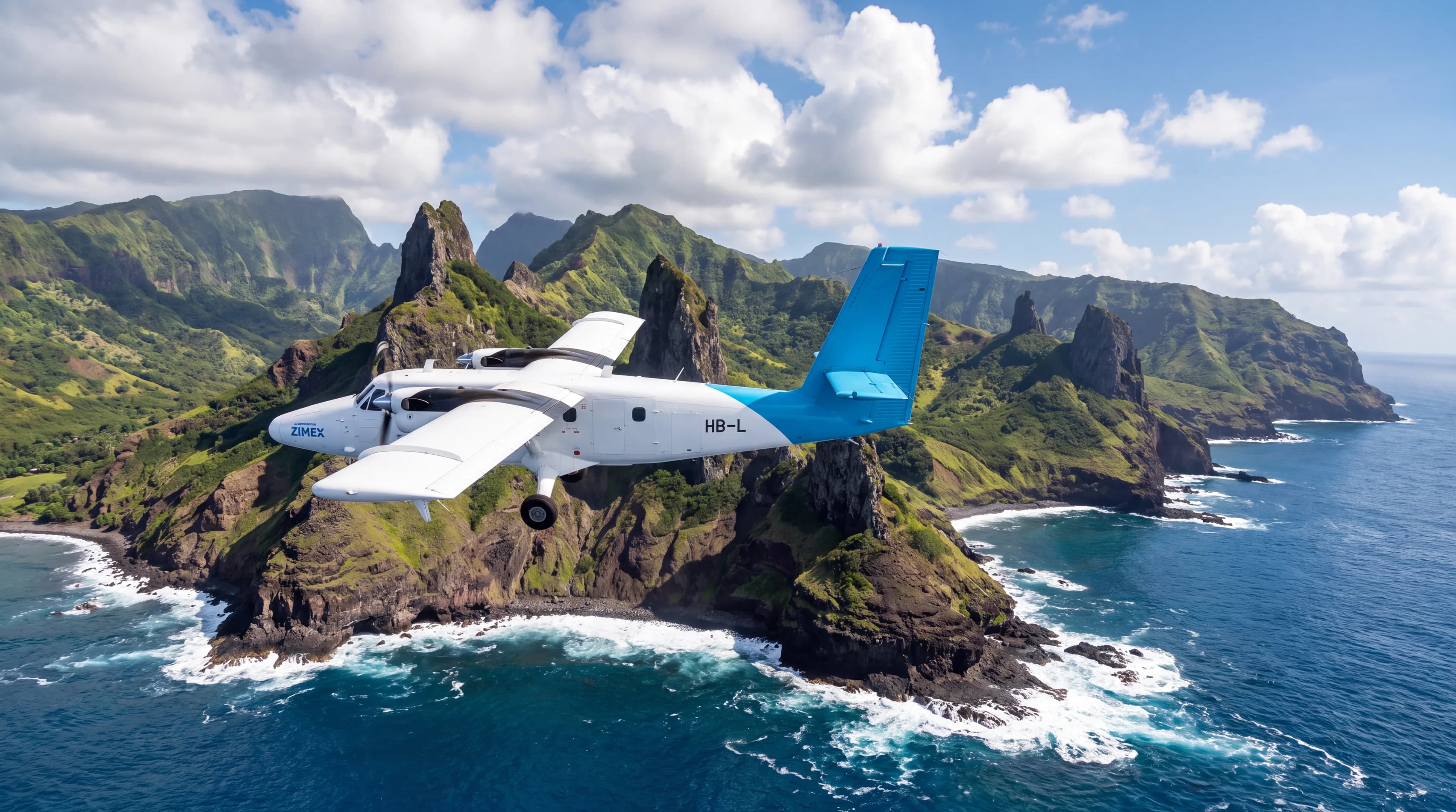 Zimex Twin Otter flying along the coast of Ua Pou