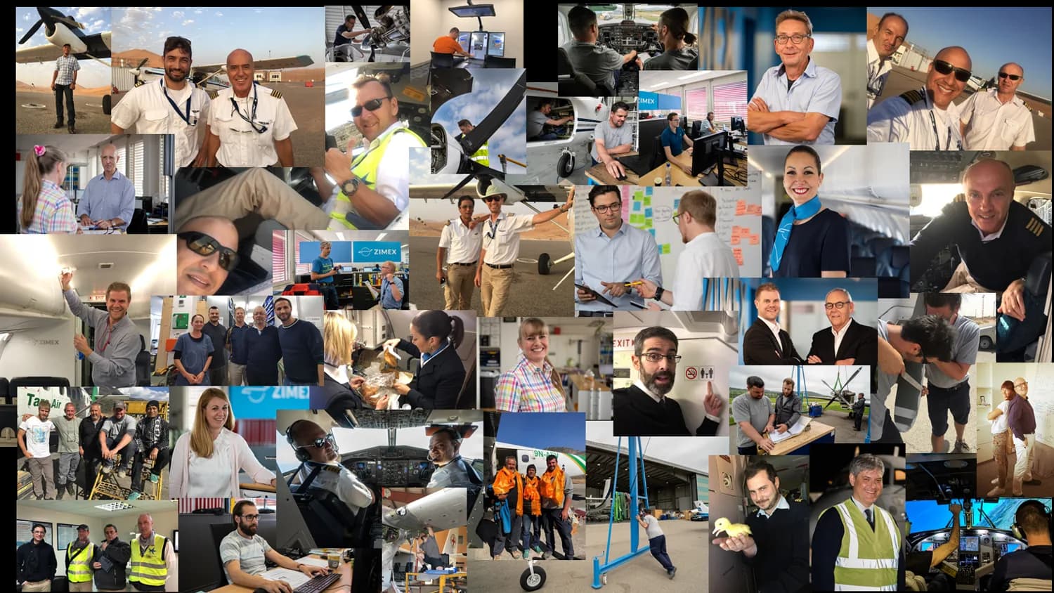 A collage of Zimex pilots, engineers and staff at work.