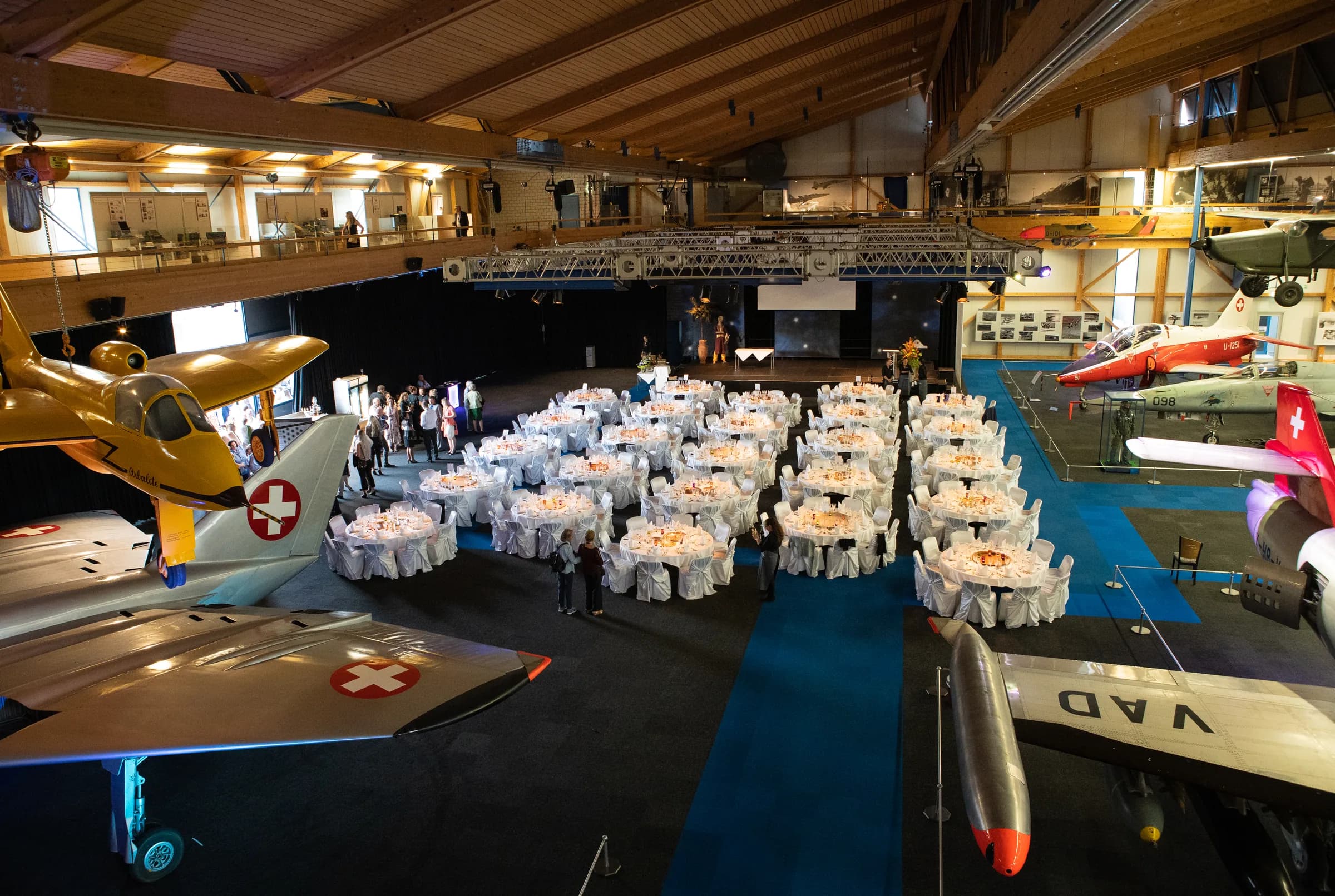 The anniversary dinner in the hangar at the Air Force Center, Dübendorf.