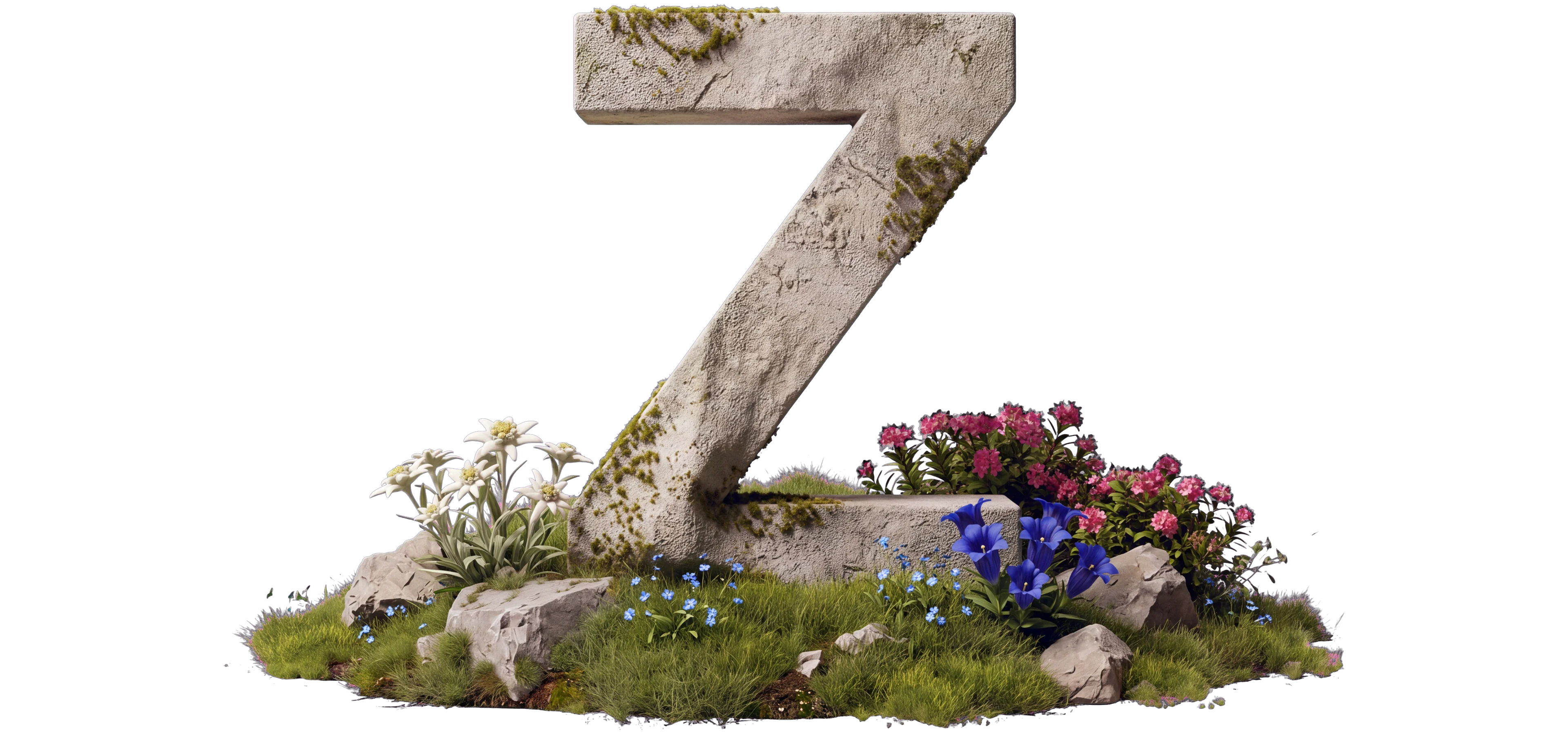 A weathered granite letter Z on an alpine meadow with edelweiss, gentians and alpenrose (illustration).