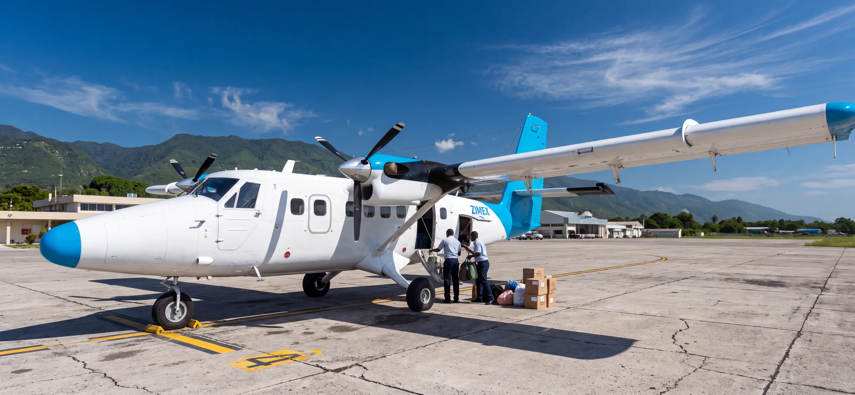A Zimex Twin Otter being loaded with relief supplies on the apron at Port-au-Prince, mountains behind